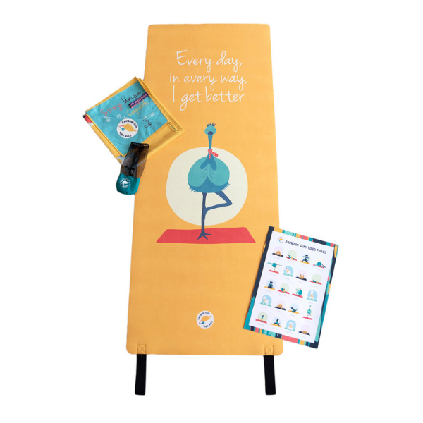 Premium yoga mat pack for kids yellow with beach towel and yoga poses poster